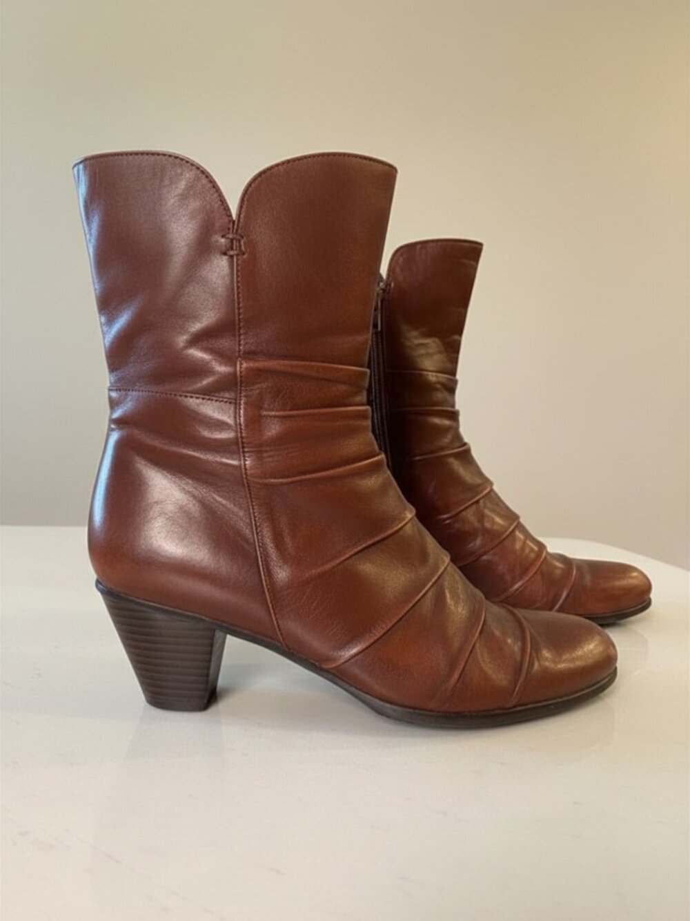 Arnold Churgin Brown Leather Mid Calf Boot Women's EU 40 US 9 Block Heel Zip